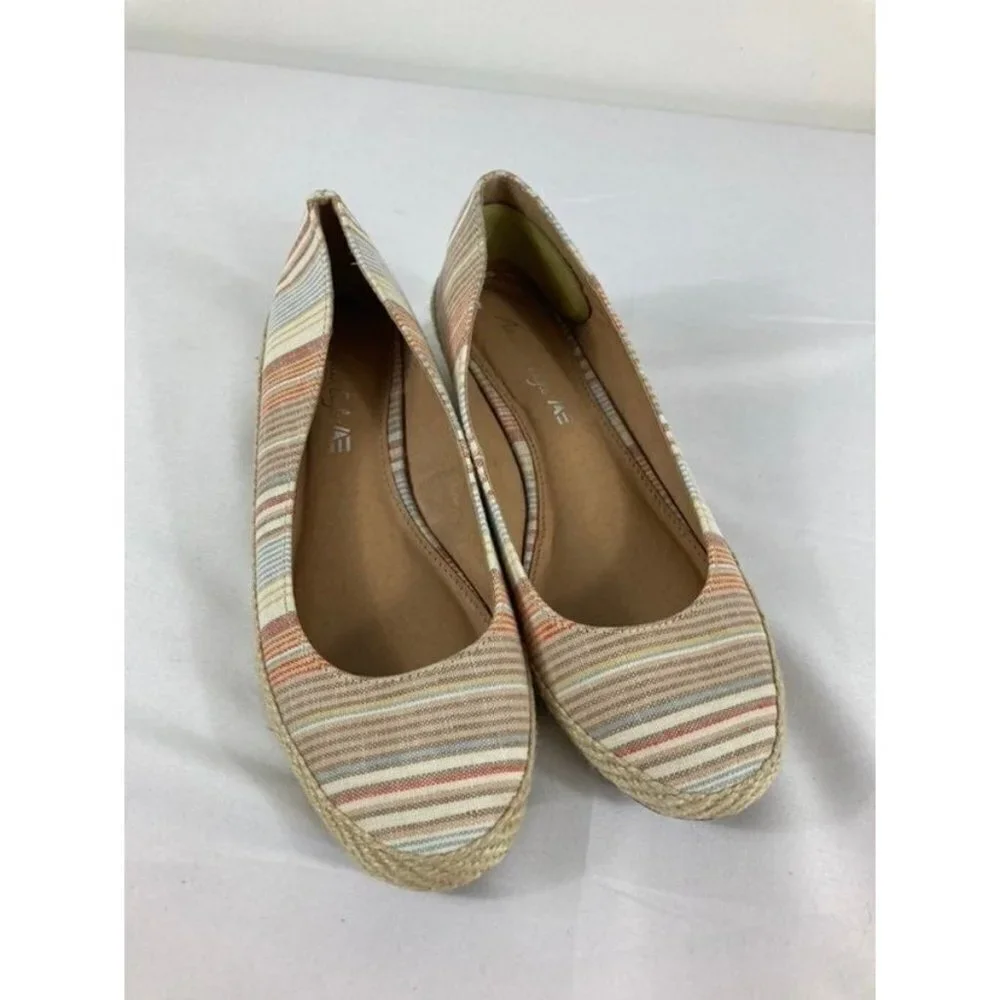 Womens American Eagle Stripe Canvas Espadrille‎ Wedge Tan White Blue W8.5